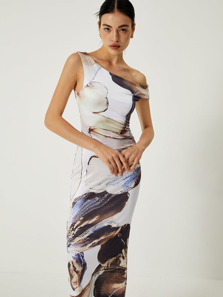 Robe Longue Ajustée Asymétrique Imprimée Dos Nu