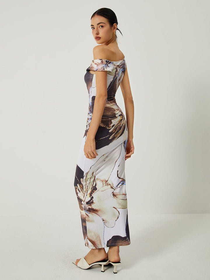 Robe Longue Ajustée Asymétrique Imprimée Dos Nu