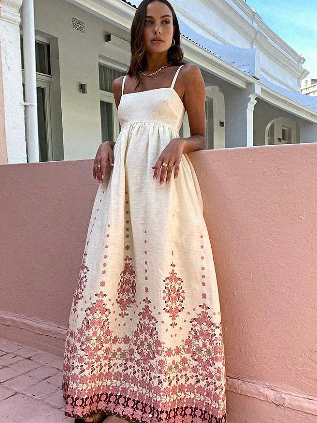 Robe Longue à Bretelles Spaghetti et Imprimé Floral