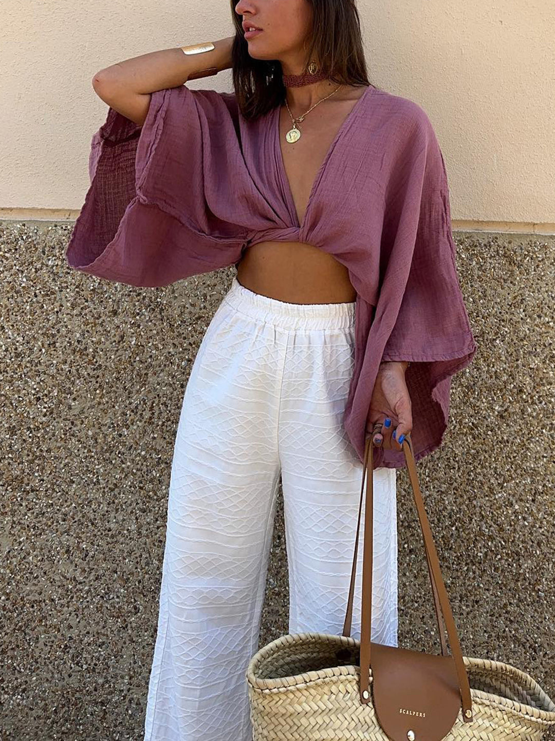 Blouse Courte à Manches Longues et Liens Devant