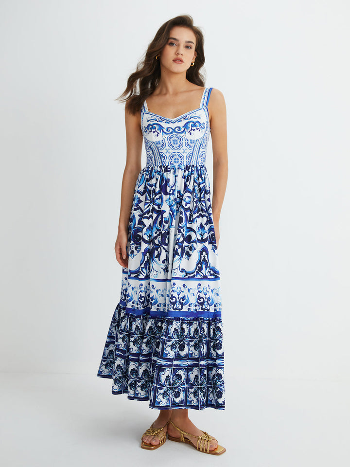 Robe Longue Plissée à Bretelles Imprimées