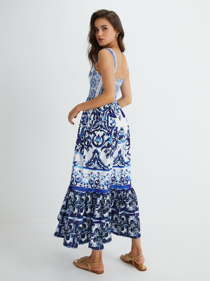 Robe Longue Plissée à Bretelles Imprimées