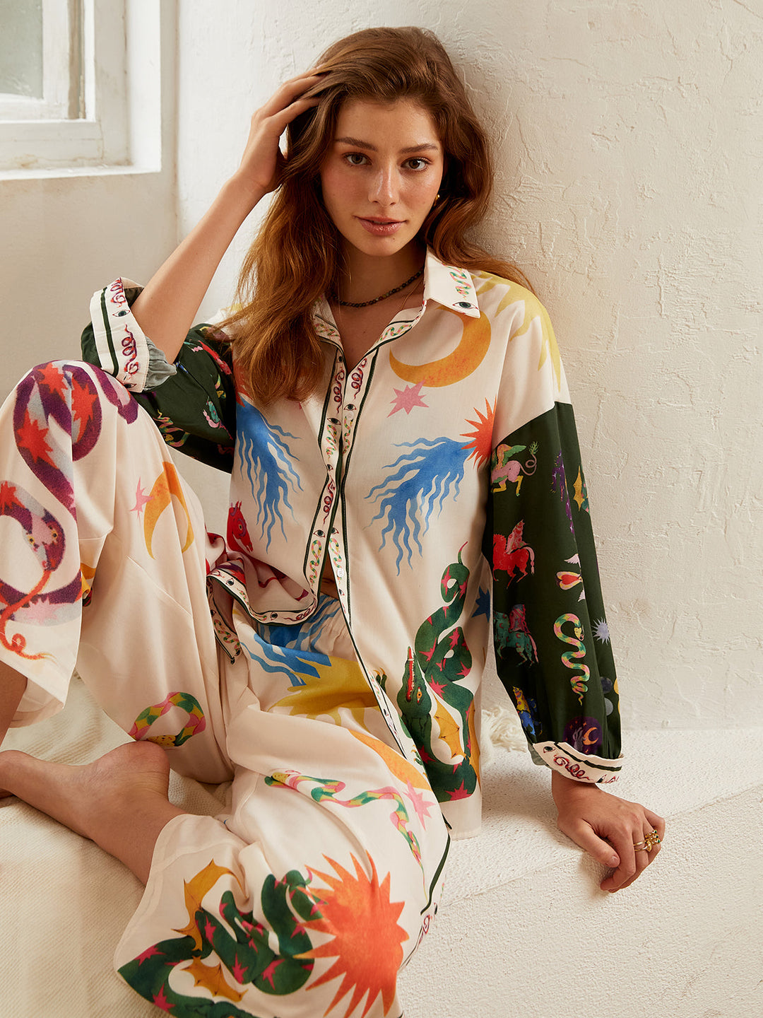 Ensemble Chemise Ample Imprimée Bohème et Pantalon Large