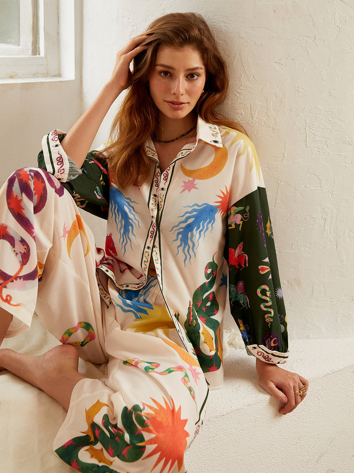 Ensemble Chemise Ample Imprimée Bohème et Pantalon Large