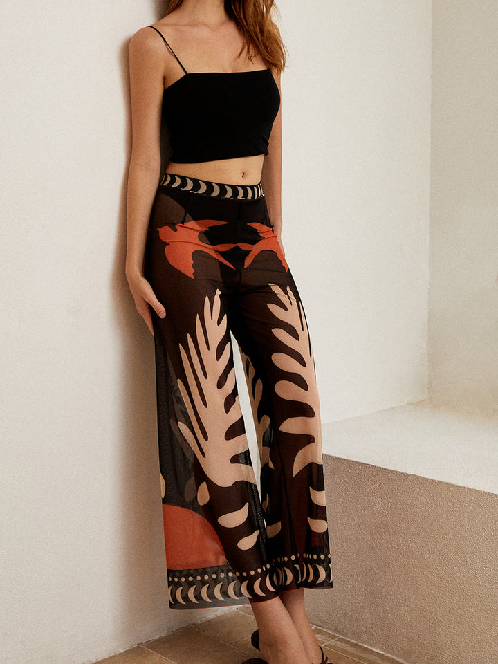 Pantalon Transparents en Maille Imprimé Oiseau