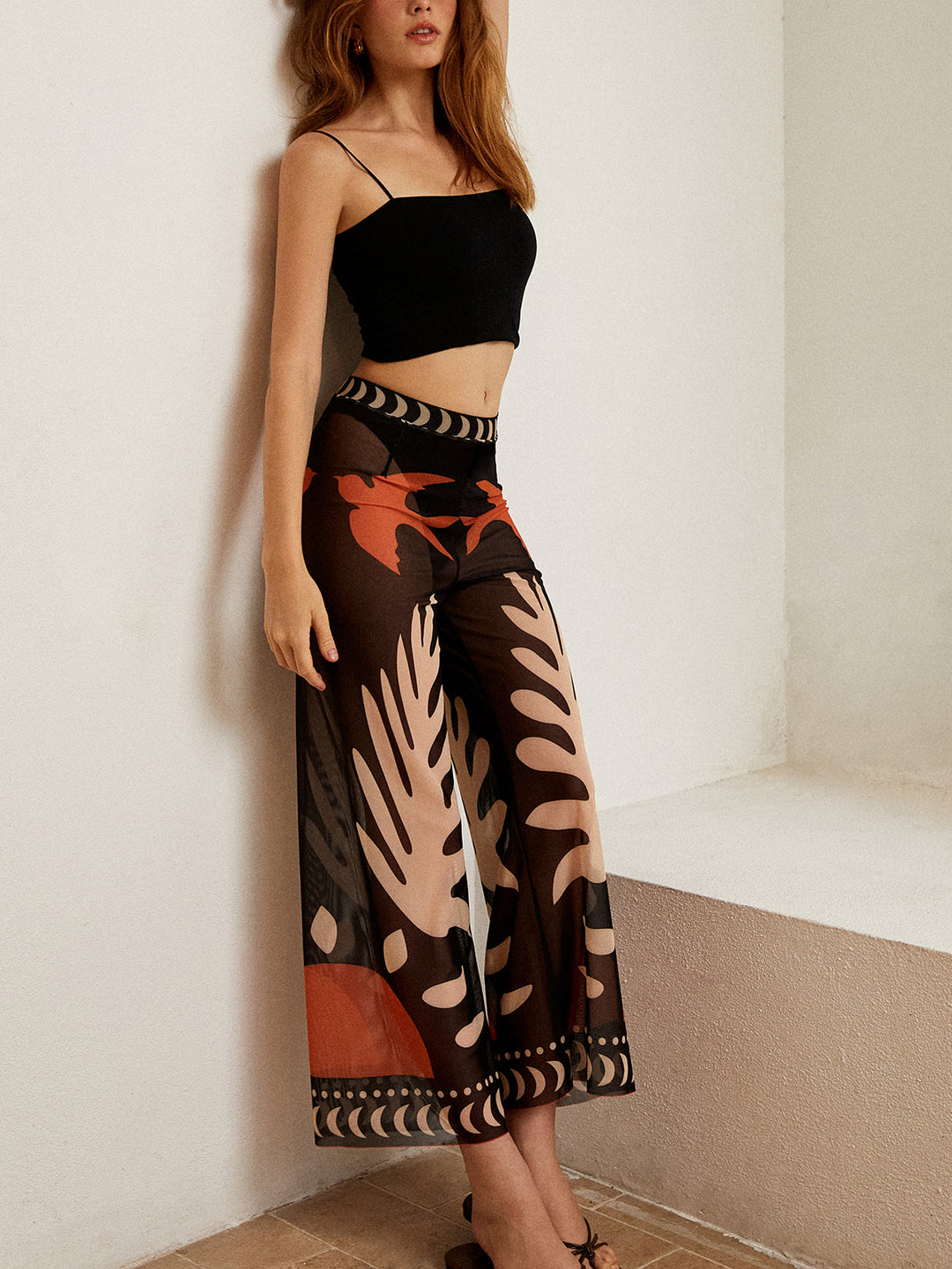 Pantalon Transparents en Maille Imprimé Oiseau