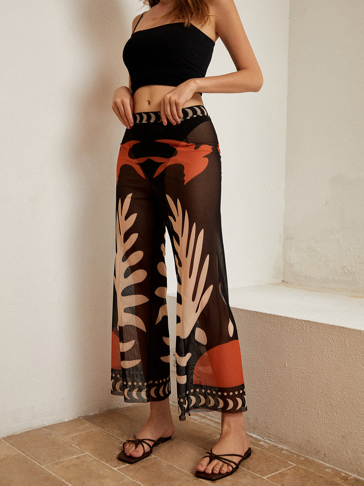 Pantalon Transparent en Maille à Imprimé Oiseau