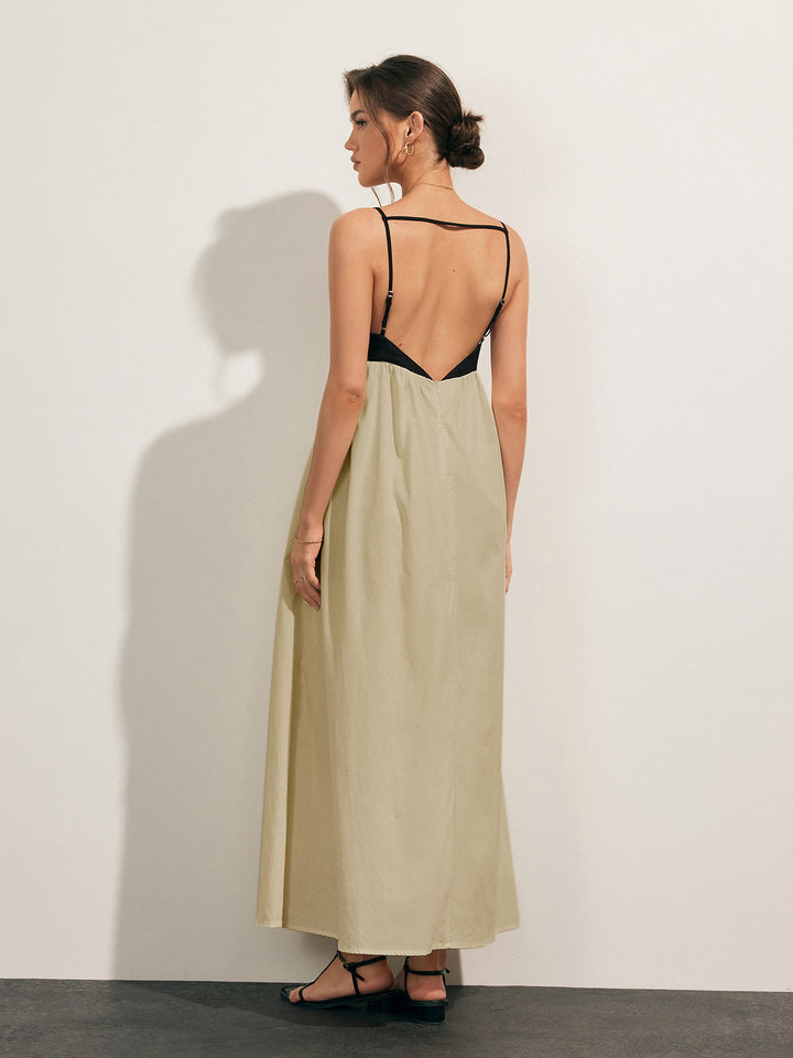 Robe Longue à Dos Ouvert et Poches Contrastantes
