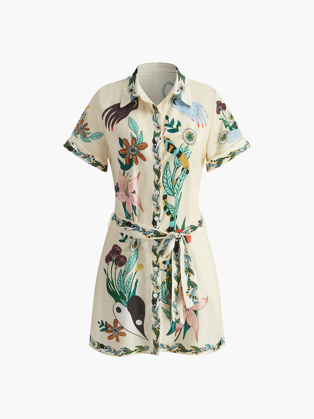 Robe Courte Ceinturée à Col Imprimé
