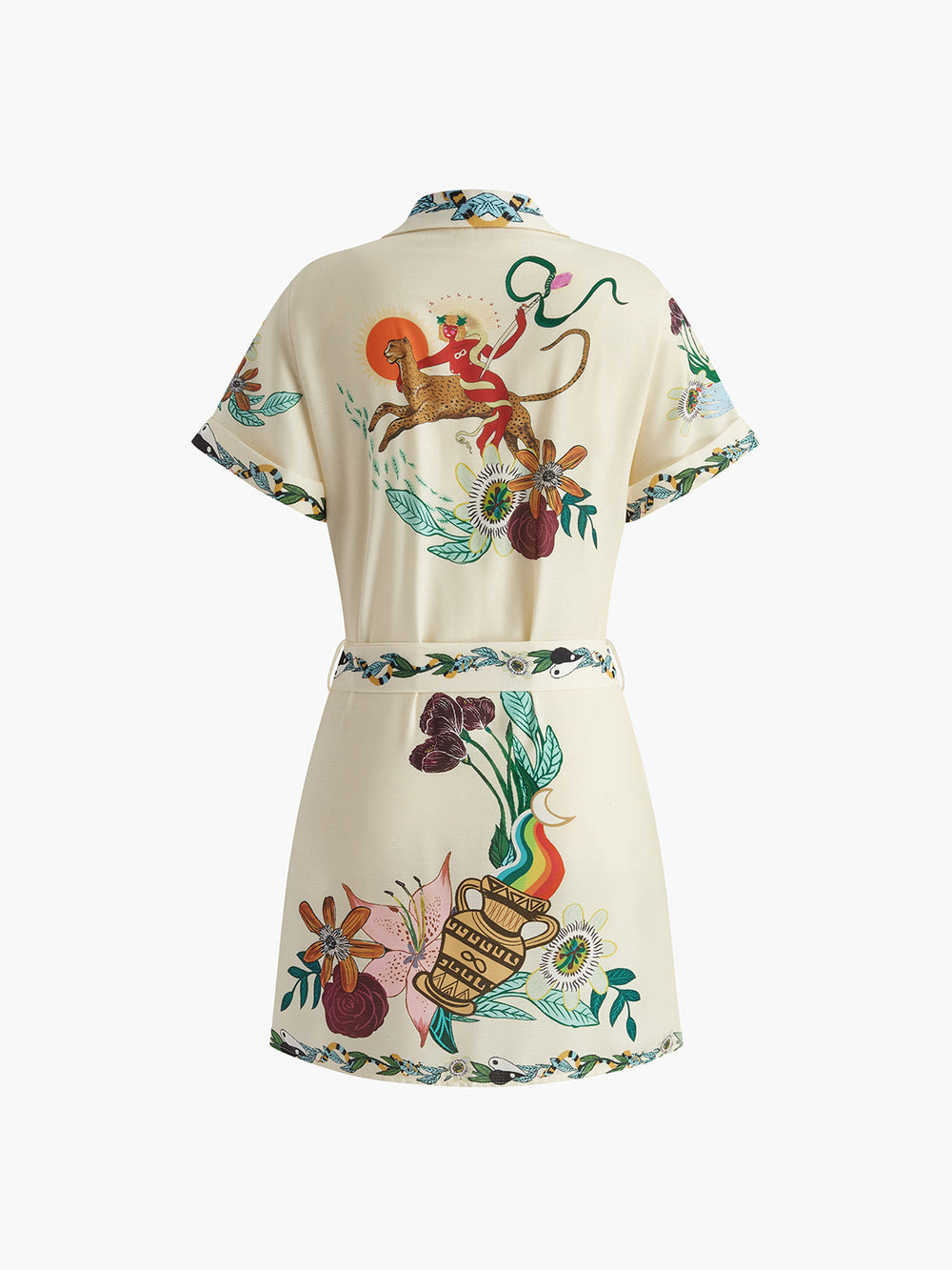 Robe Courte Ceinturée à Col Imprimé