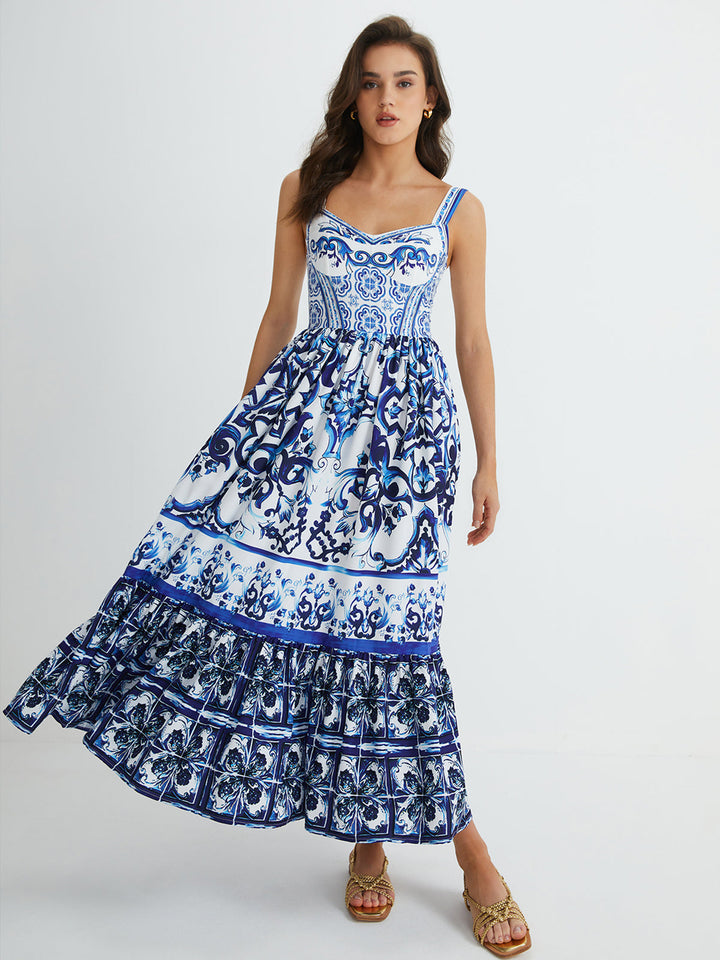 Robe Longue Plissée à Bretelles Imprimées