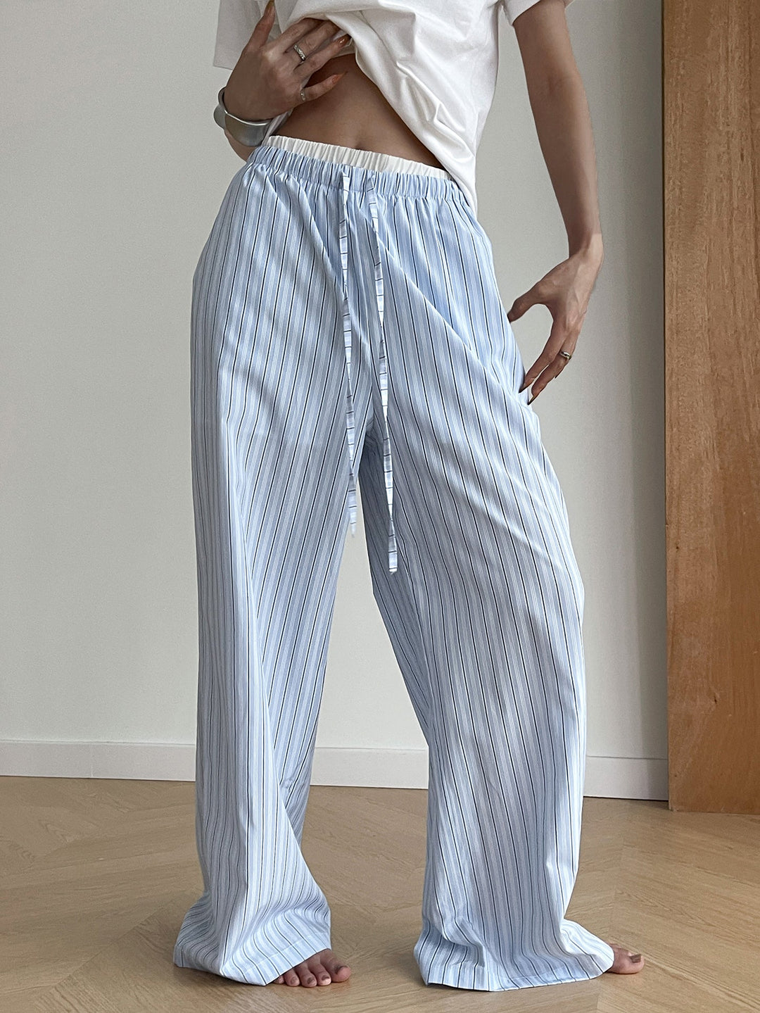 Pantalons Taille Haute Lâche à Double Ceinture et Cravate