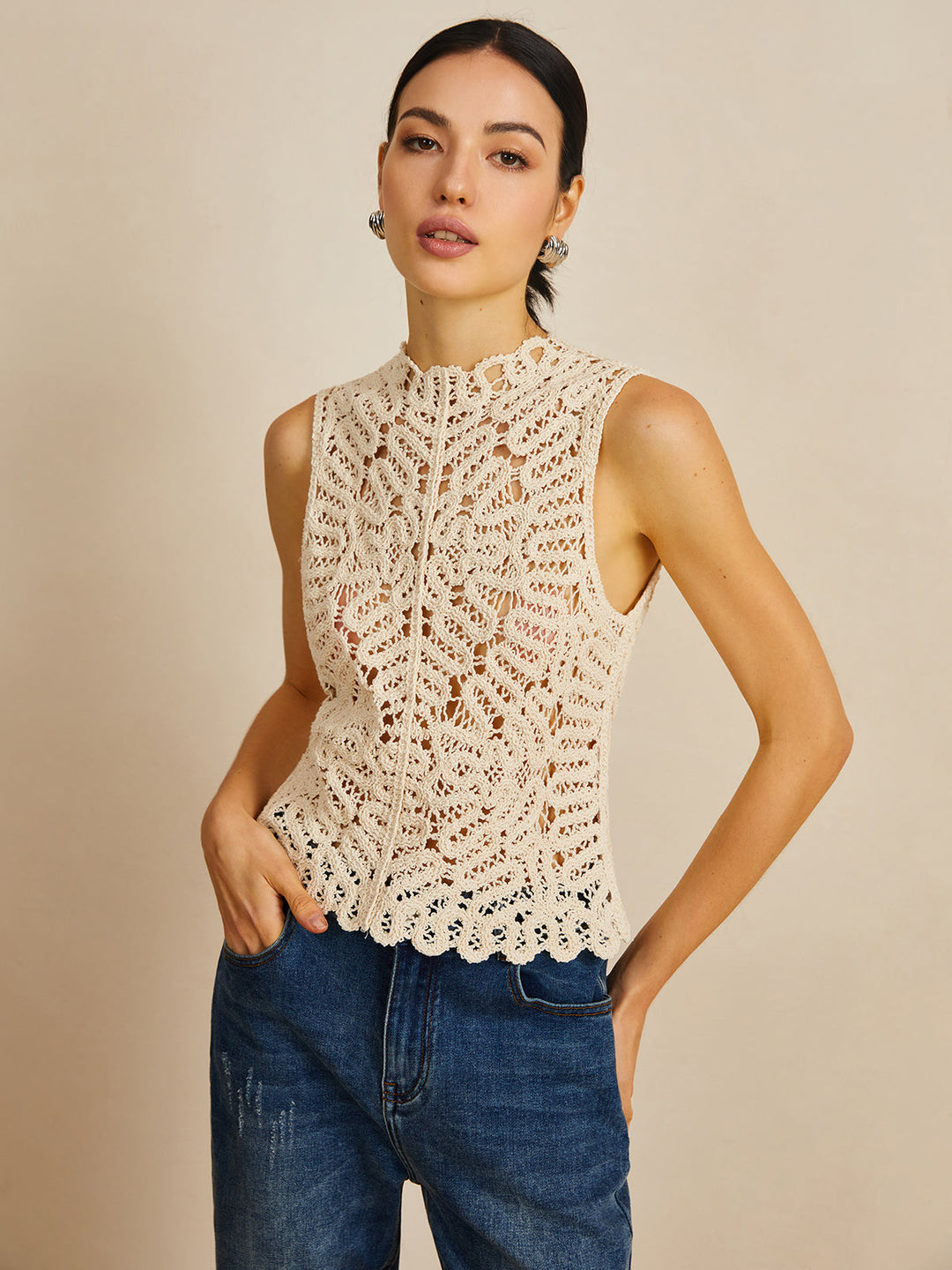 Gilet Pull sans Manches en Crochet Floral Creux