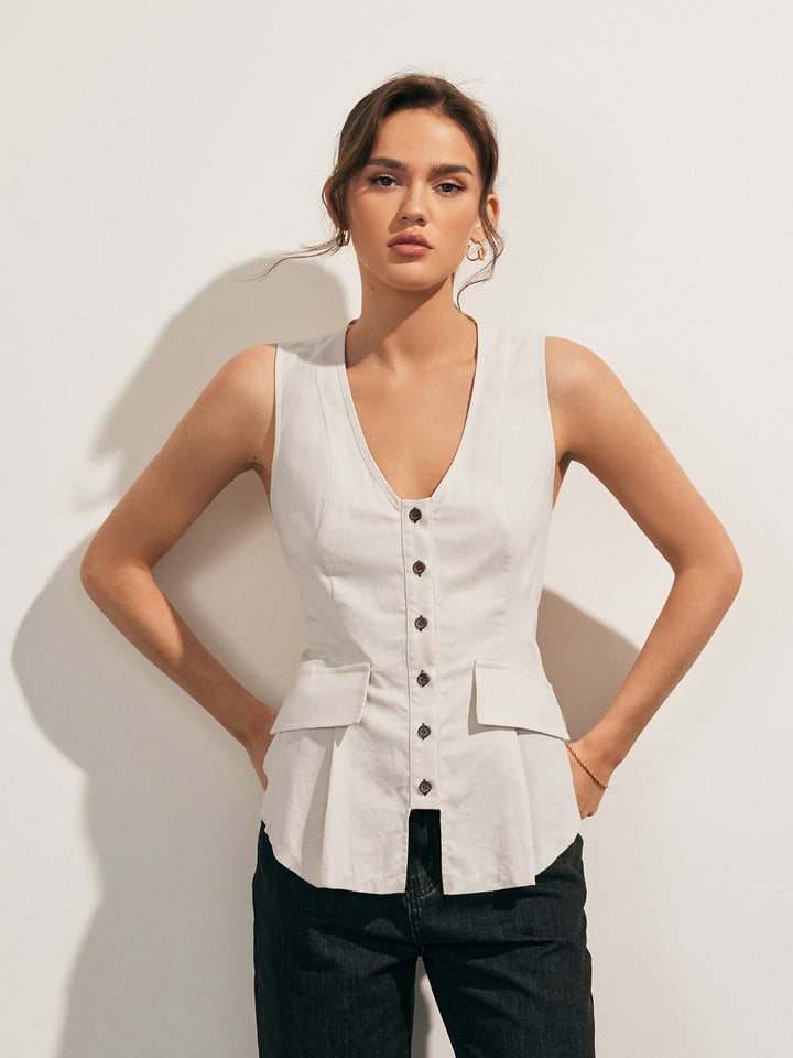 Gilet boutonnée en mélange de lin à ourlet brut