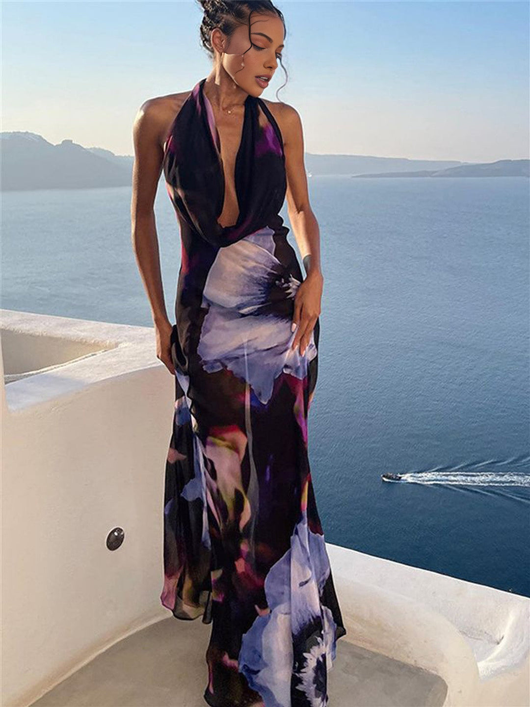 Robe Longue Sans Dos à Imprimé Semi-Transparente
