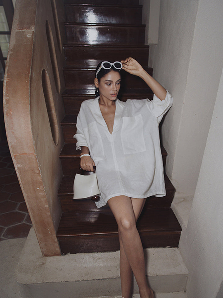 Robe Longue Semi-Transparente à Poches en Lin
