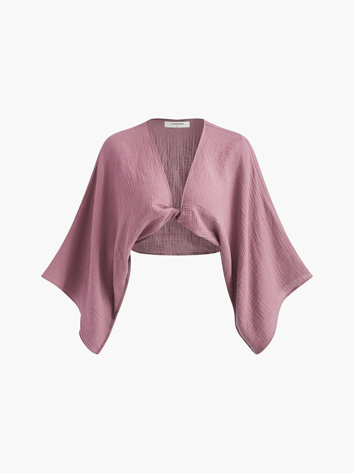 Blouse Courte à Manches Longues et Liens Devant