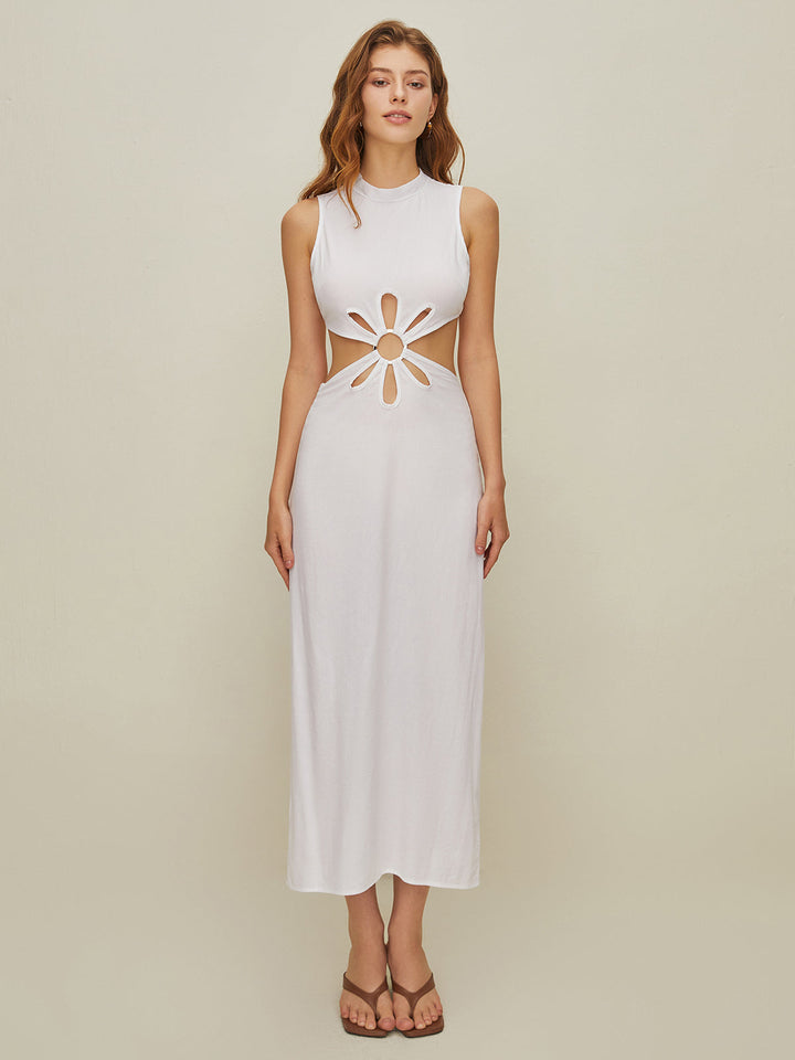 Robe mi-transparente à col montant avec découpe et dos nu