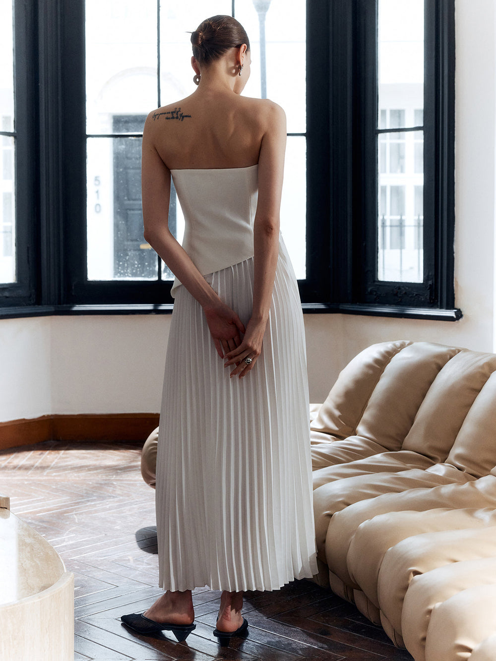 Robe Longue Unie à Bretelles Fendue et Plissée