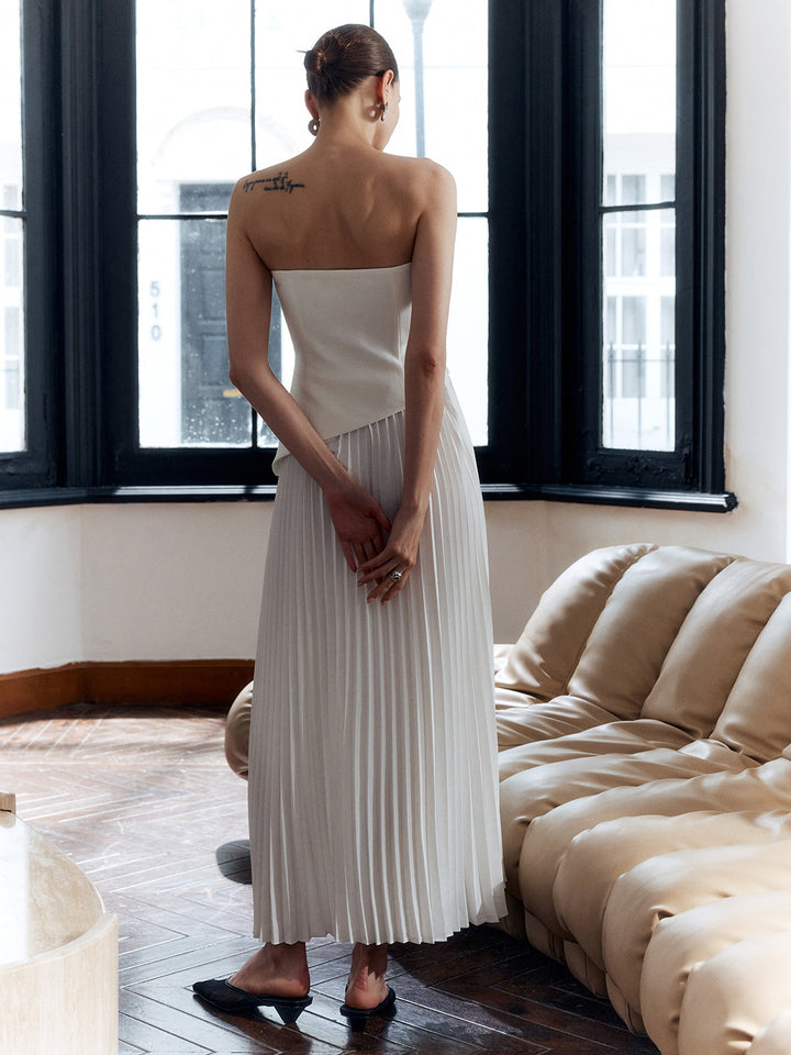 Robe Longue Unie à Bretelles Fendue et Plissée