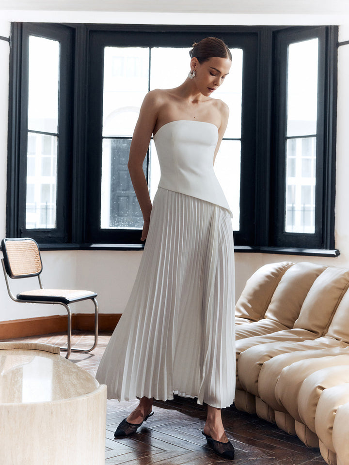 Robe Longue Unie à Bretelles Fendue et Plissée