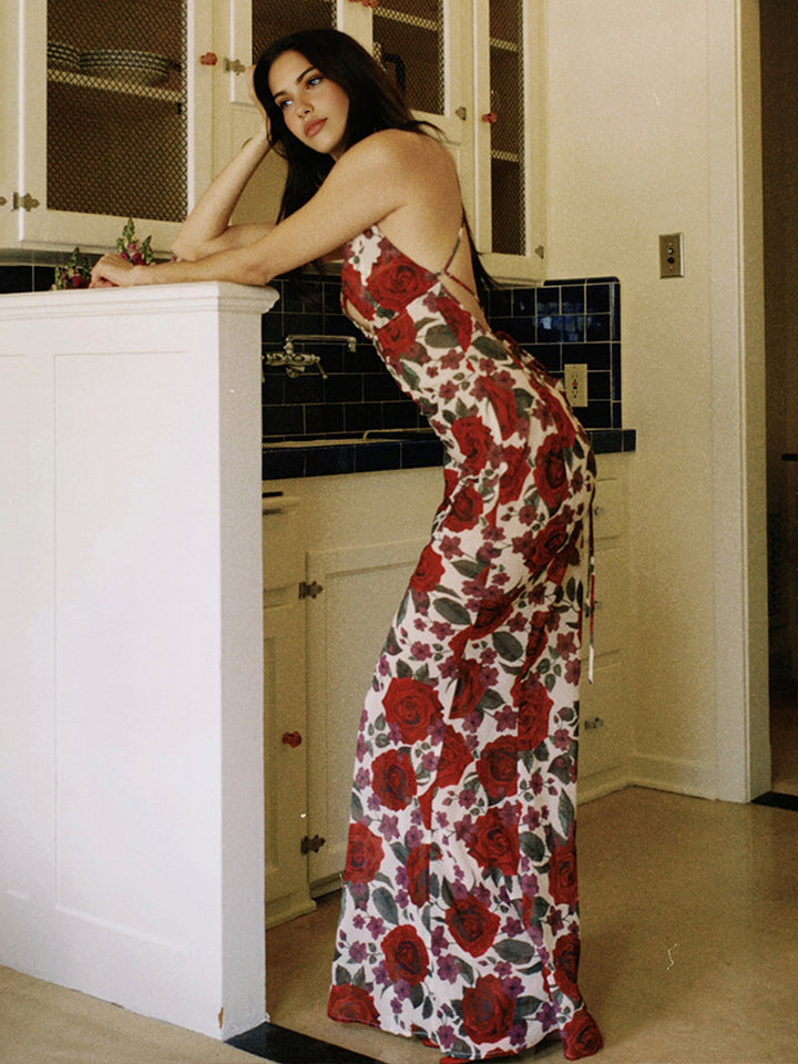Robe longue florale dos nu