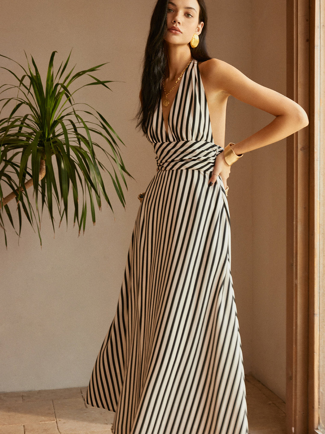 Robe à Poches Sans Dos à Rayures