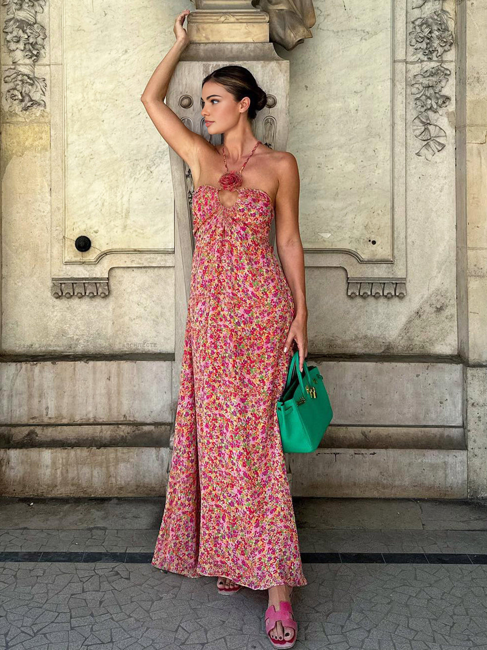Robe Longue Bohème à Imprimé Floral et Décoration Rosette