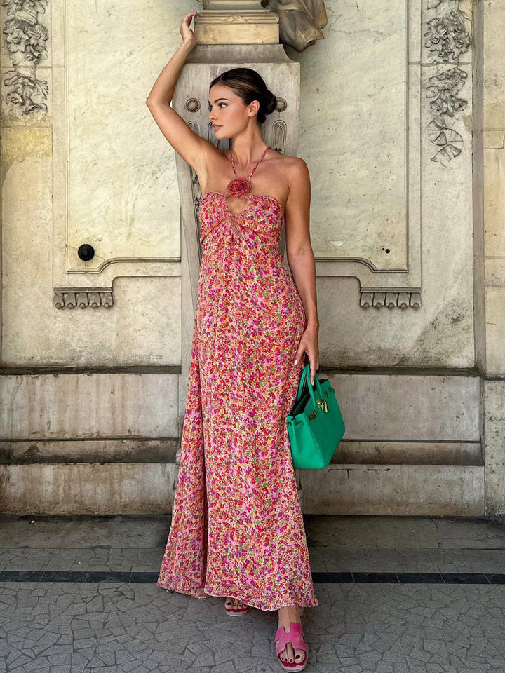 Robe Longue Bohème à Imprimé Floral et Décoration Rosette