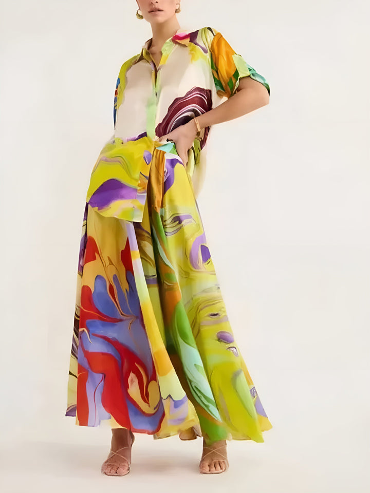 Ensemble Jupe Satin Imprimé à Cordon de Serrage