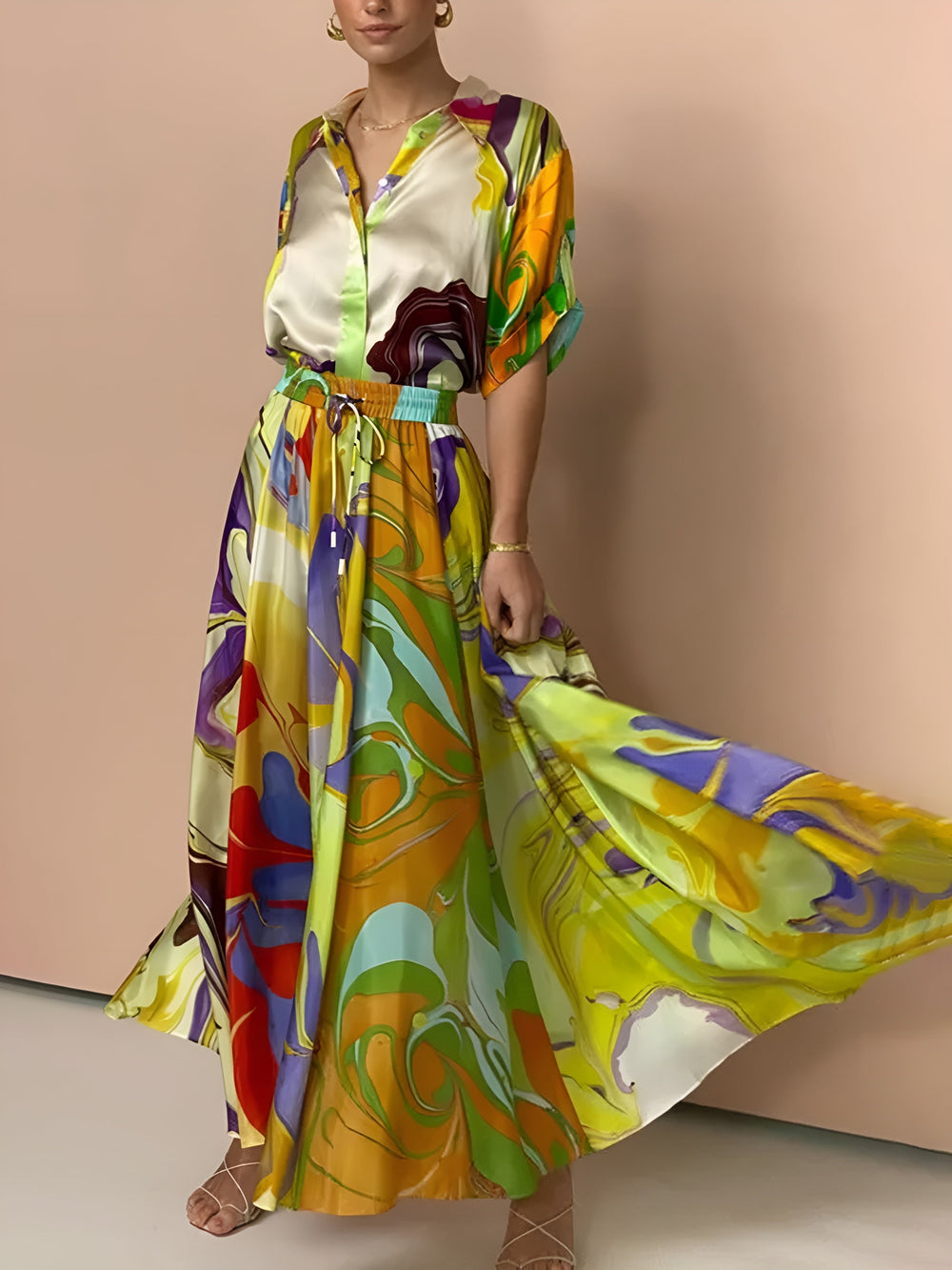 Ensemble Jupe Satin Imprimé à Cordon de Serrage