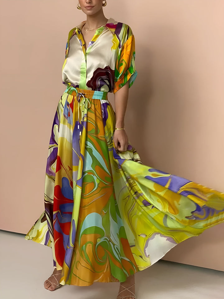 Ensemble Jupe Satin Imprimé à Cordon de Serrage
