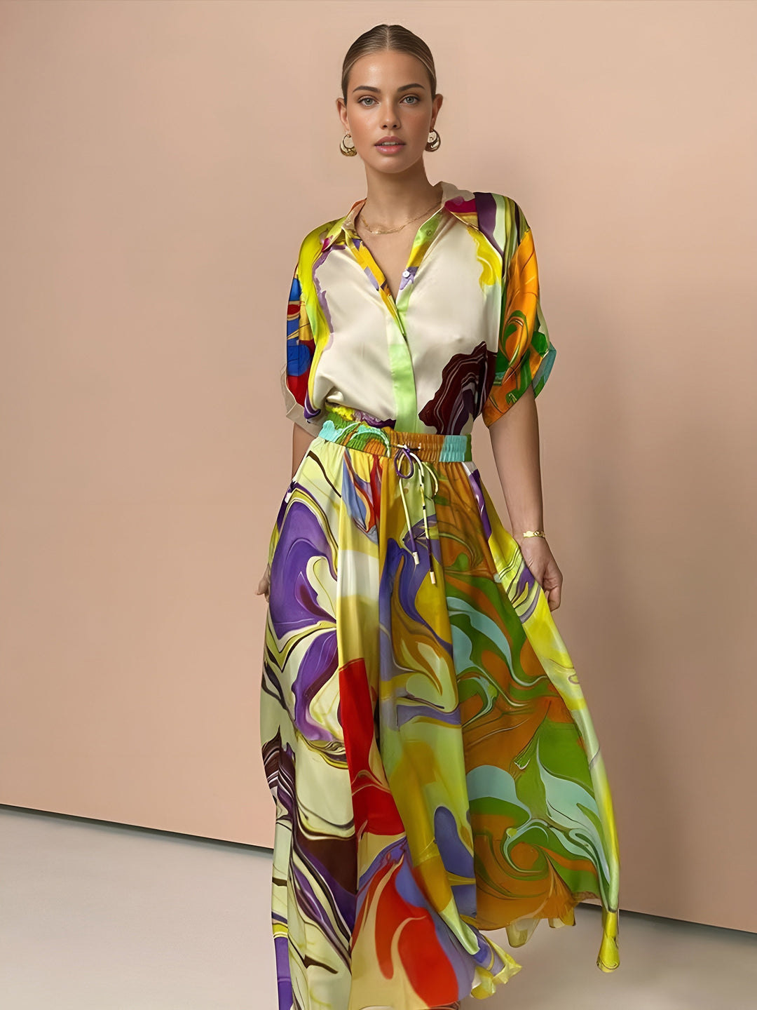 Ensemble Jupe Satin Imprimé à Cordon de Serrage