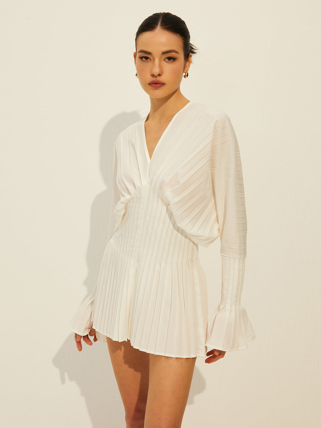 Robe Longue Manches Longues à Col en V Plissé