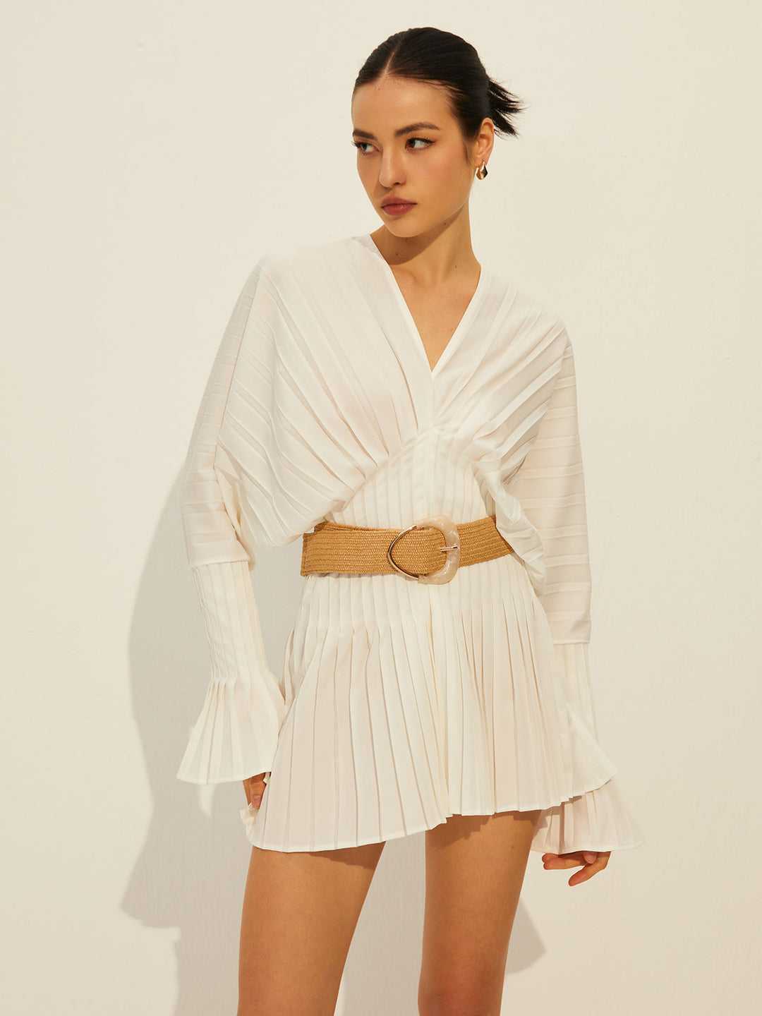 Robe Longue Manches Longues à Col en V Plissé