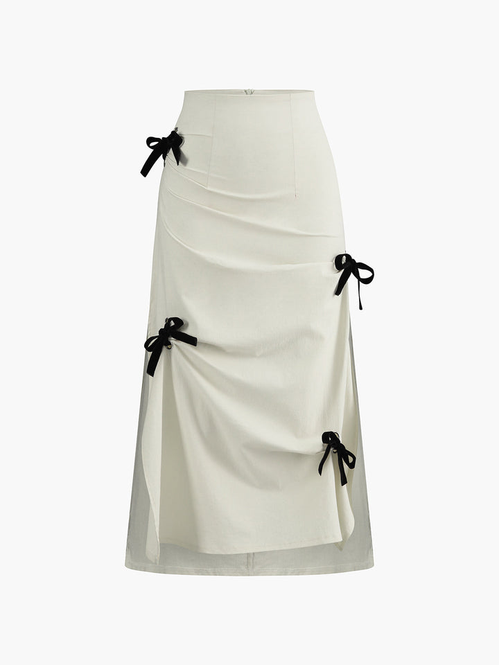 Jupe Midi fendue avec décor nœud en coton et lin