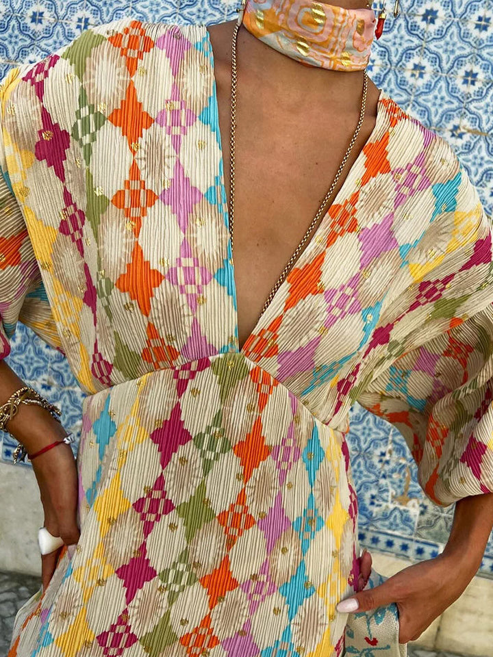 Robe Mi-longue Jacquard à Col en V
