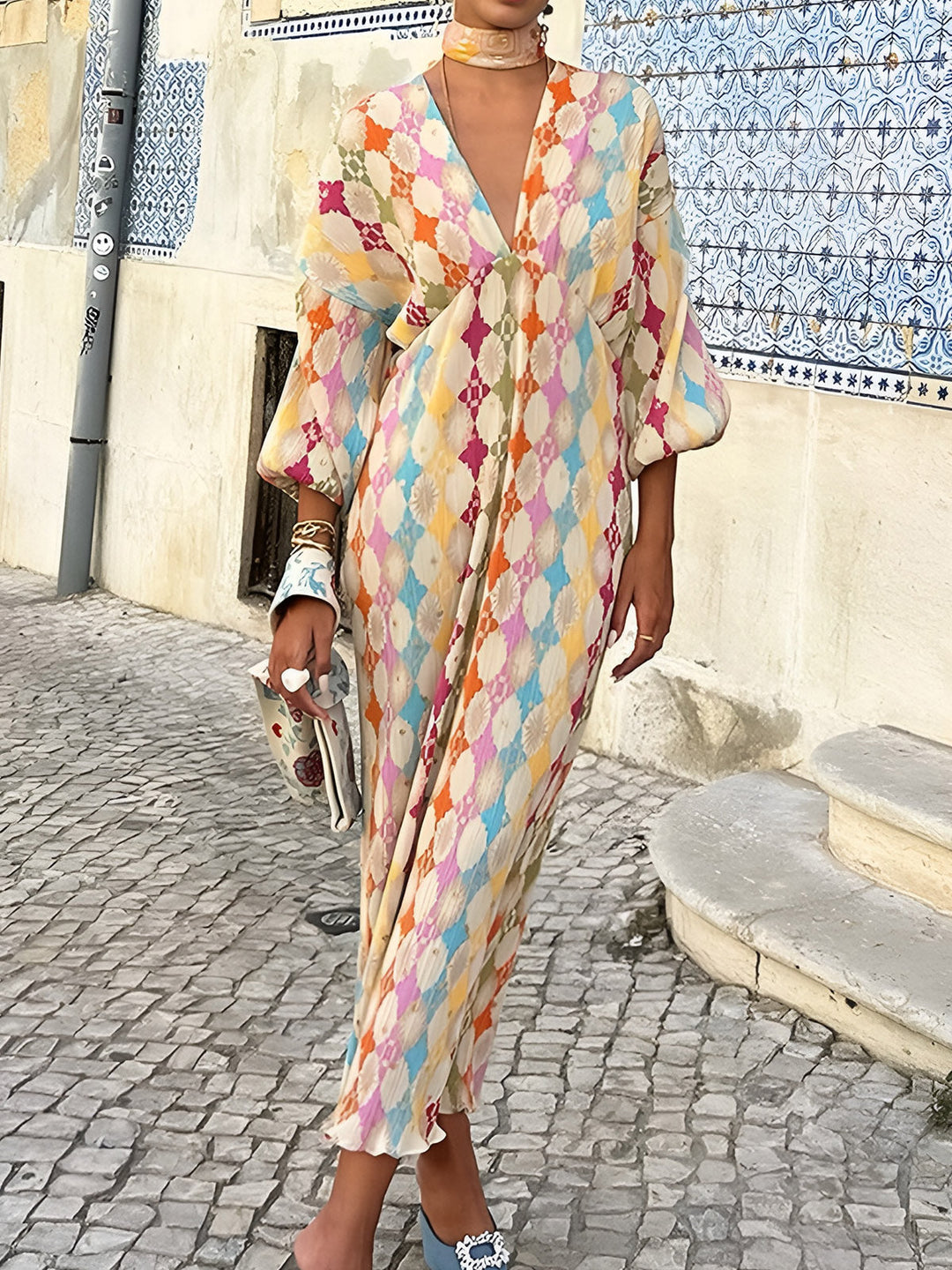 Robe Mi-longue Jacquard à Col en V