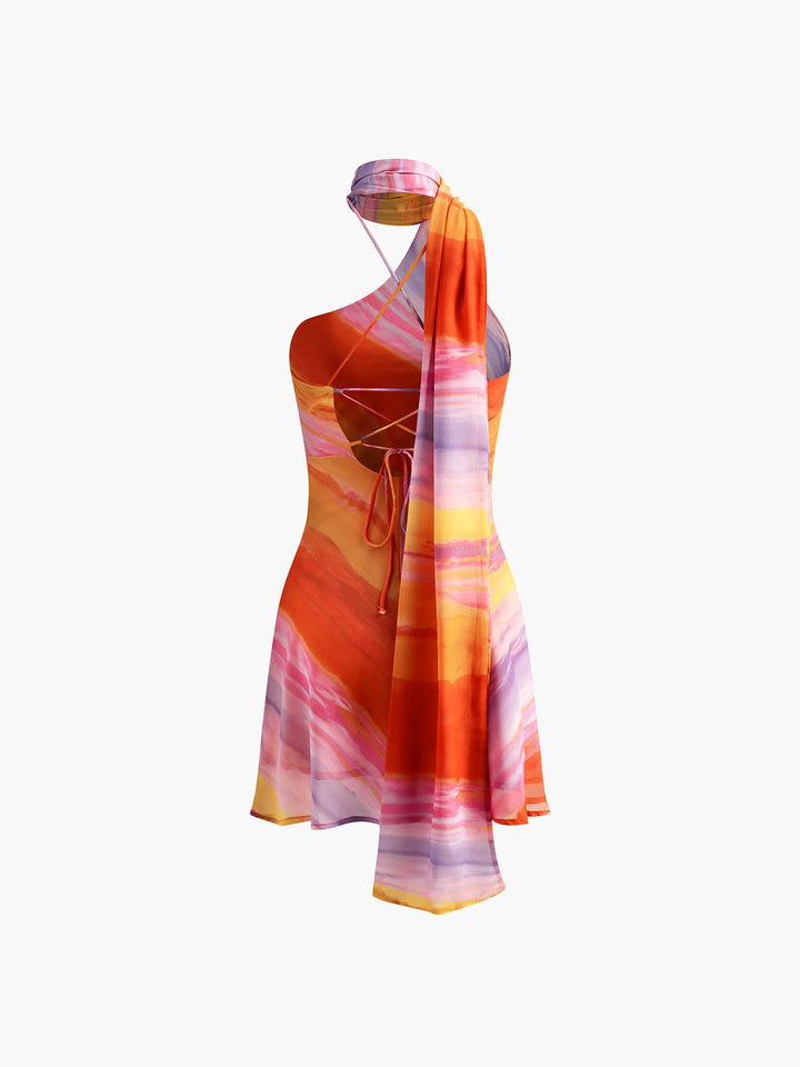 Robe Courte Tie Dye à Bretelles Nue dans le Dos avec Liens