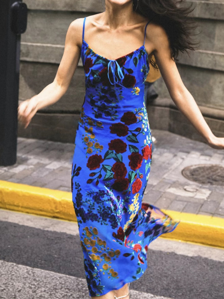 Robe Patineuse en Velours à Fleurs Appliquées