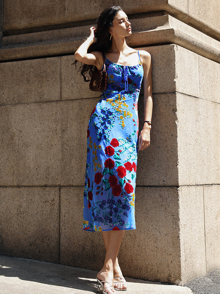 Robe Patineuse en Velours à Fleurs Appliquées