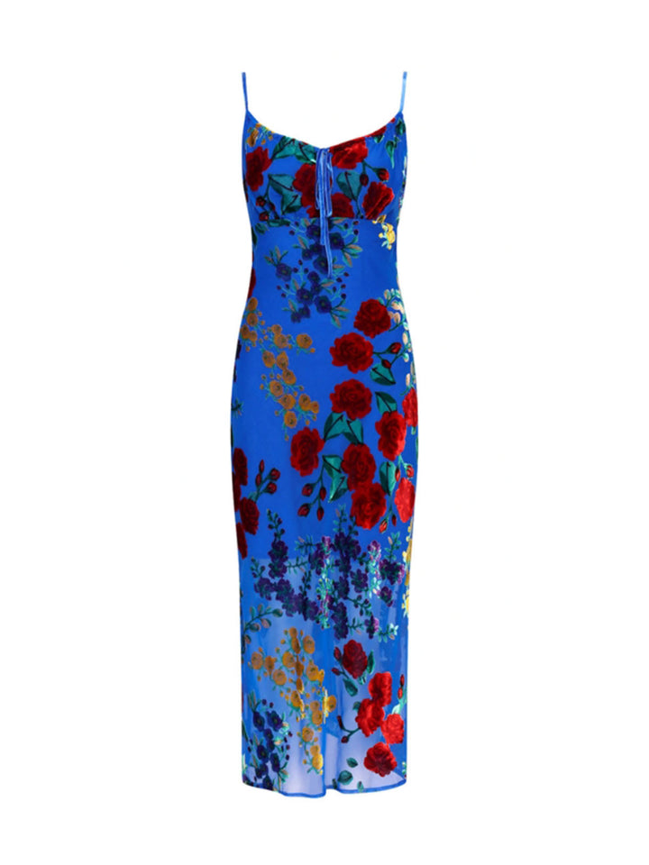 Robe Patineuse en Velours à Fleurs Appliquées