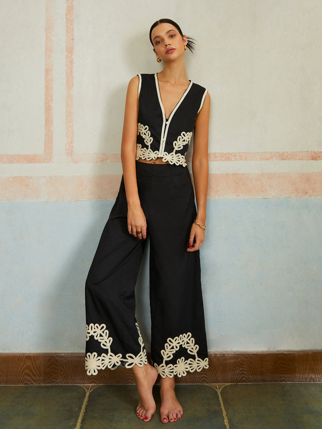 Ensemble Pantalon Décontracté sans Manches à Fermeture Éclair et Broderie