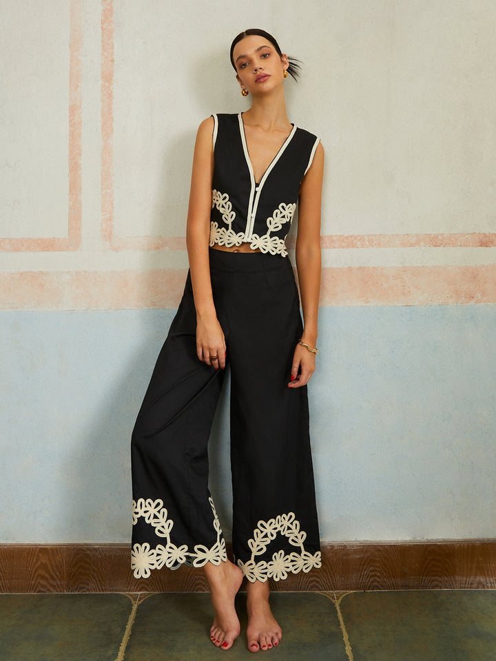 Ensemble Pantalon Décontracté sans Manches à Fermeture Éclair et Broderie