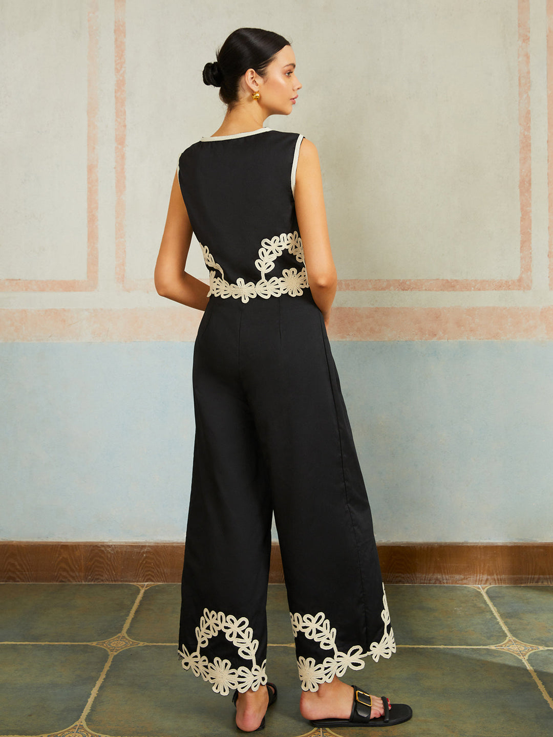 Ensemble Pantalon Décontracté sans Manches à Fermeture Éclair et Broderie
