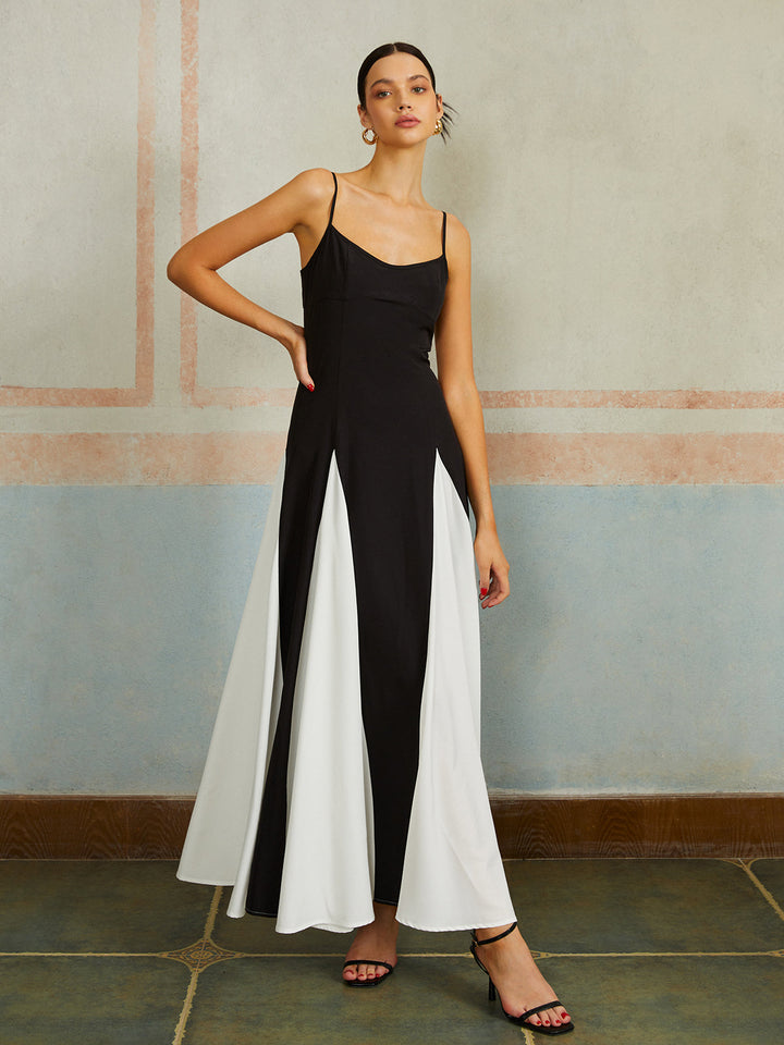 Robe Longue à Bretelles Spaghetti Color Block