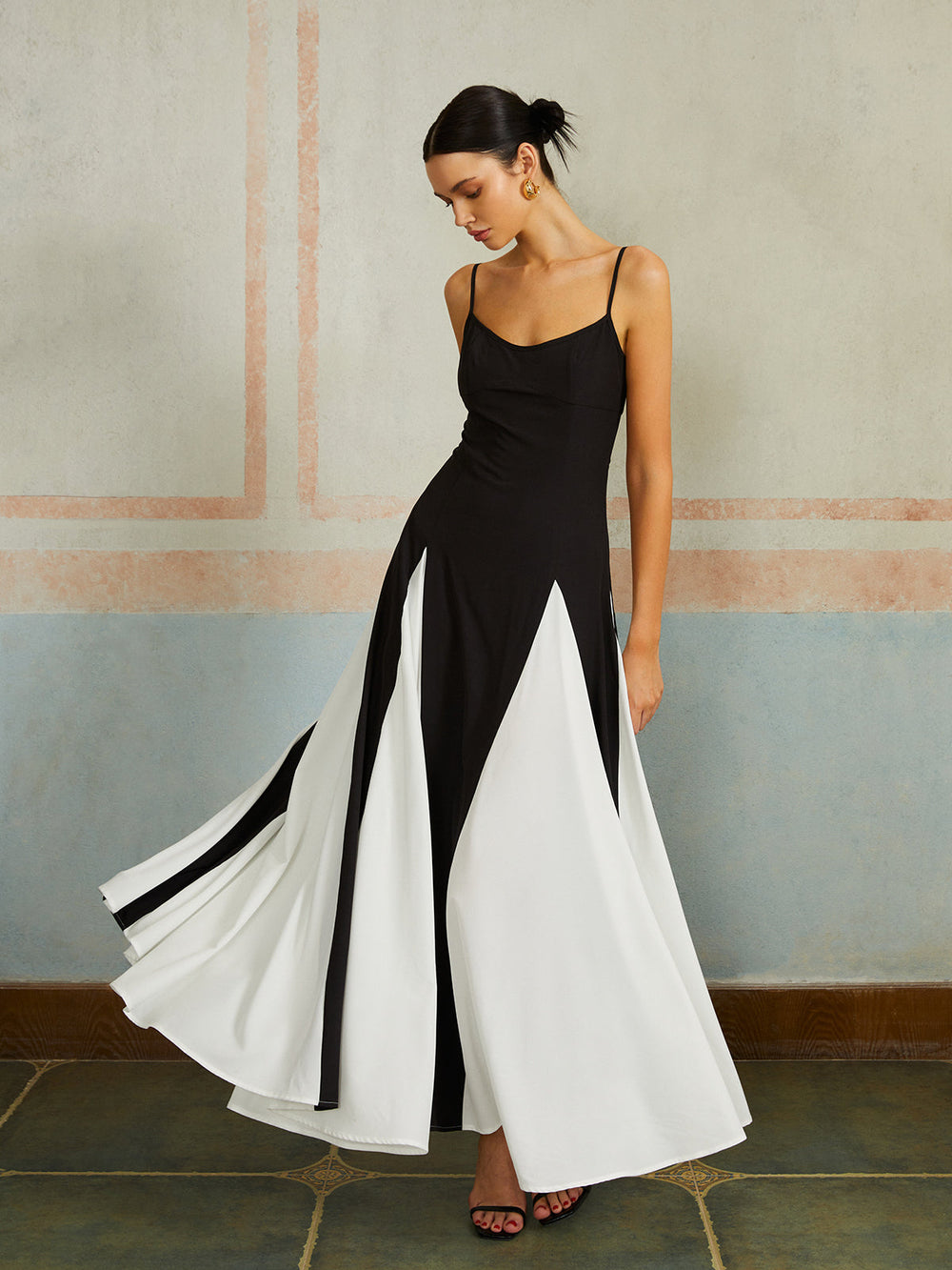 Robe Longue à Bretelles Spaghetti Color Block