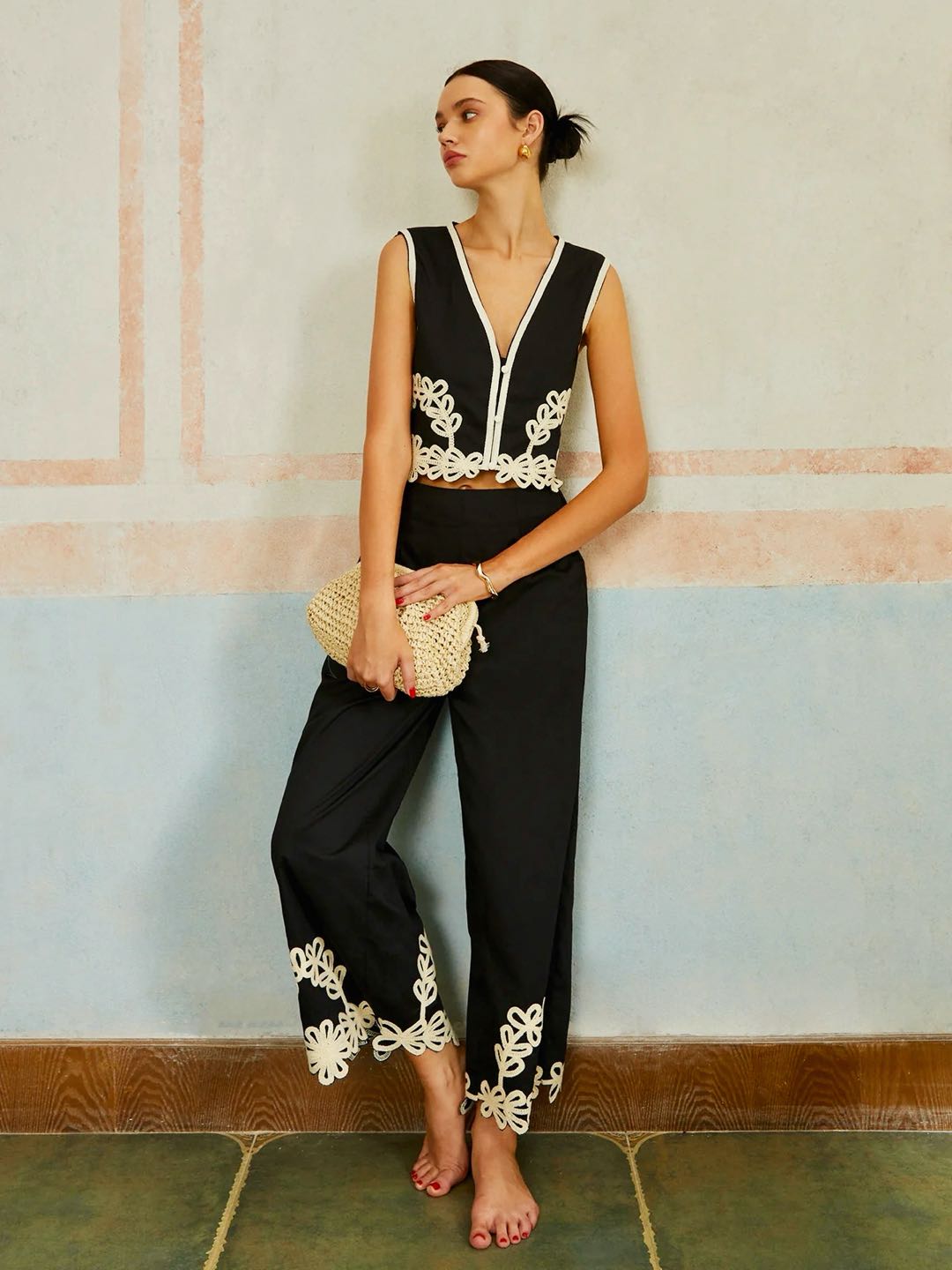 Ensemble Pantalon Décontracté sans Manches à Fermeture Éclair et Broderie