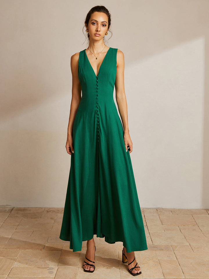 Robe boutonnée sans manches à col en V