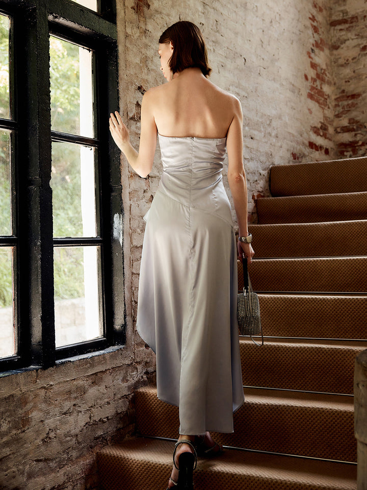Robe Mi-longue Asymétrique Sans Bretelles à Volants